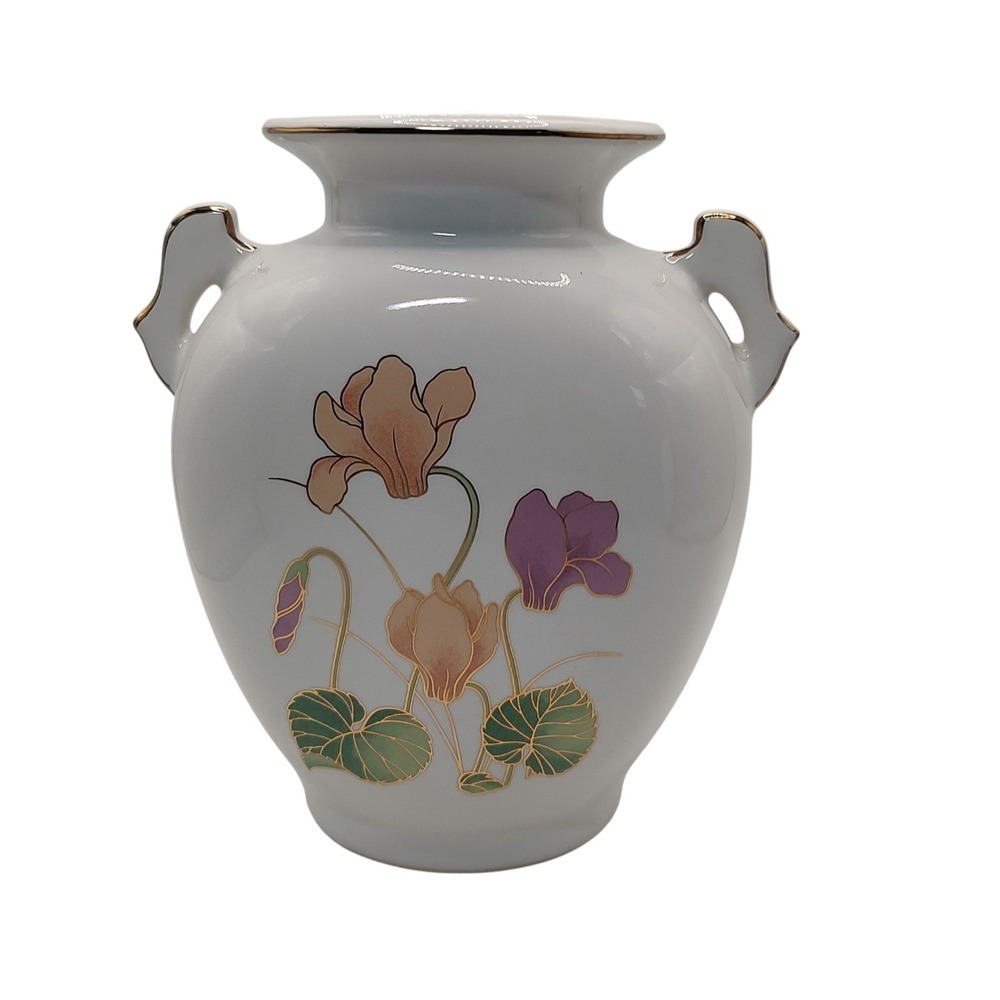 Vintage Fine China‎ Vase Double Handle Floral Japan Gold Trim Peach Purple Green